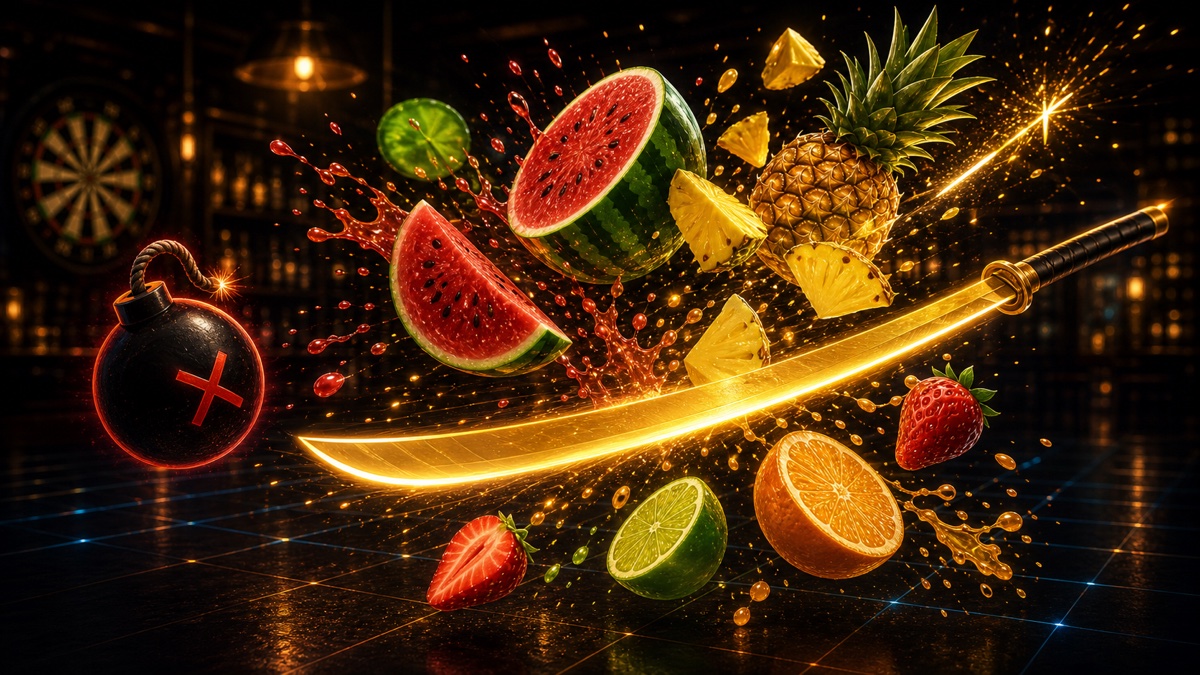 Illustration du jeu Fruit Slice 132 avec lame dorée tranchant des fruits