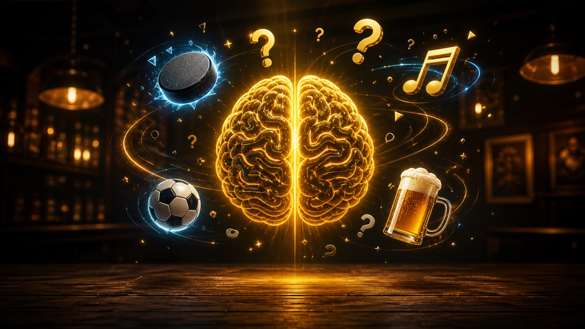 Illustration du jeu Trivia 132 avec cerveau lumineux et icônes de quiz